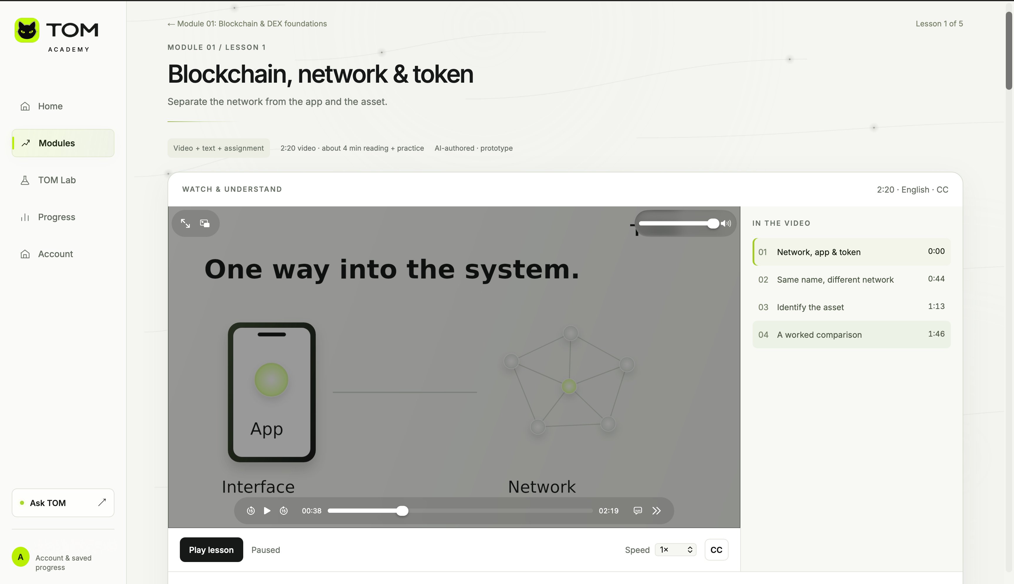 TOM Academy video lesson with chapter navigation