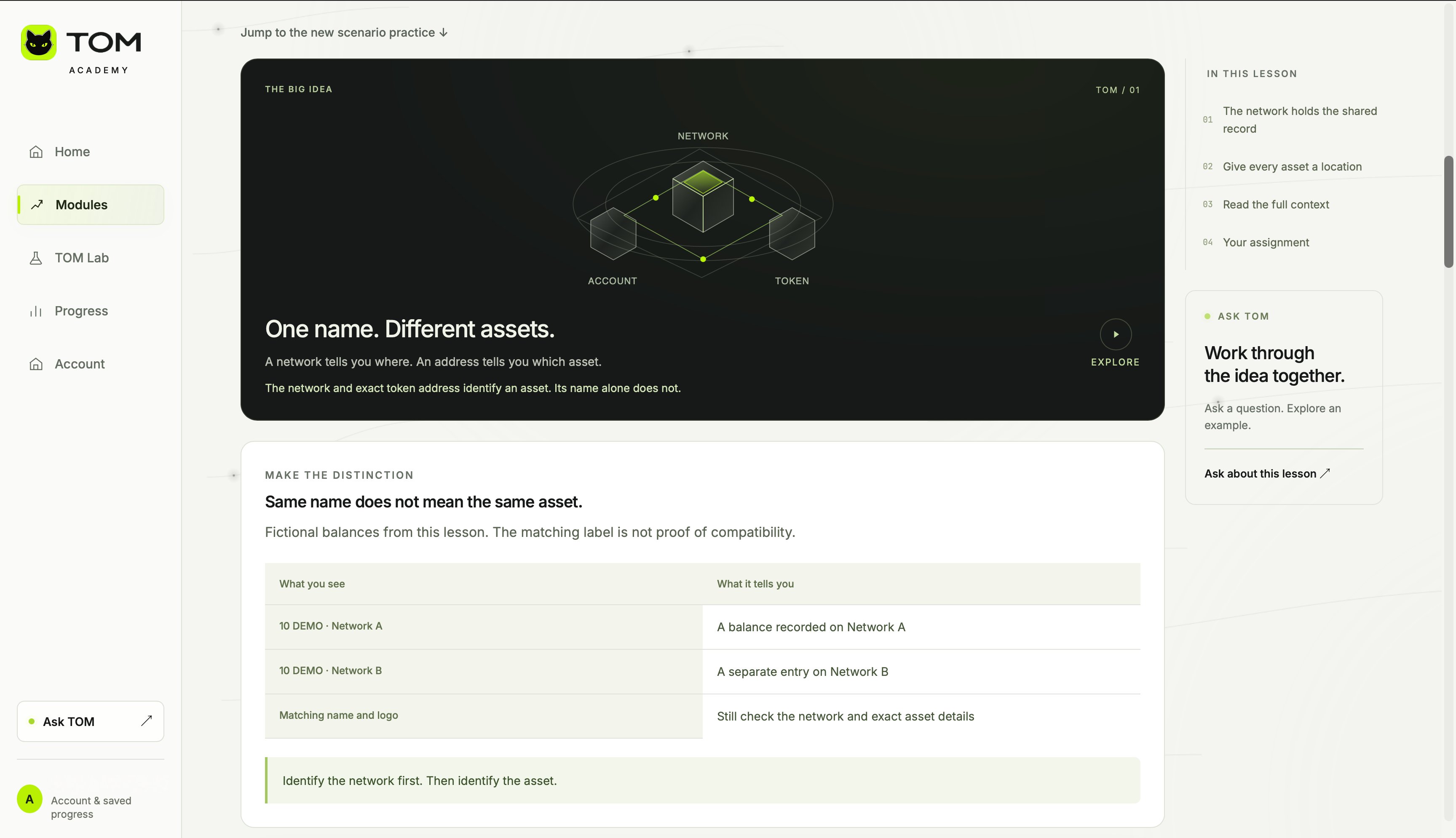 TOM Academy lesson explanation with a network diagram and comparison exercise