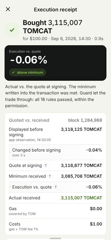 Receipt — original frame from the same TOM Mini App demo trade