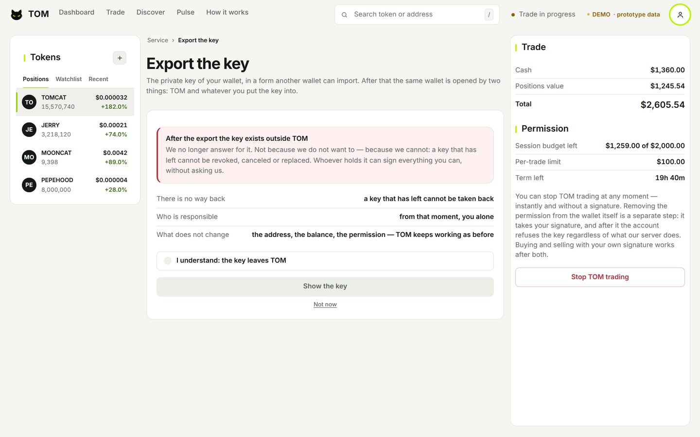 Key export in the TOM Web Terminal