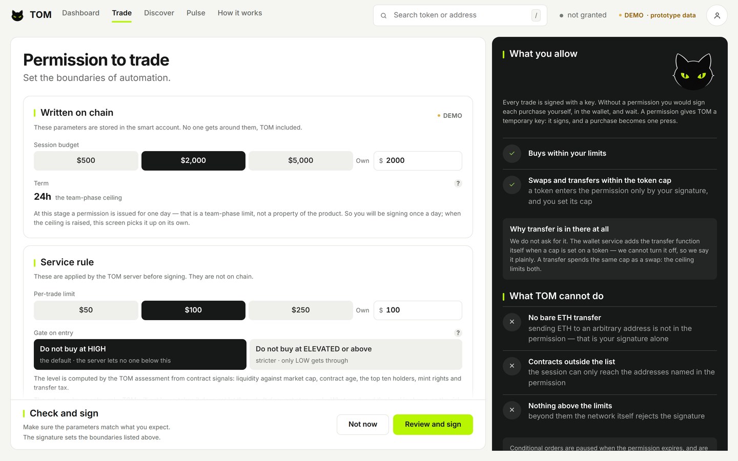 The smart account permission and its limits in the TOM prototype