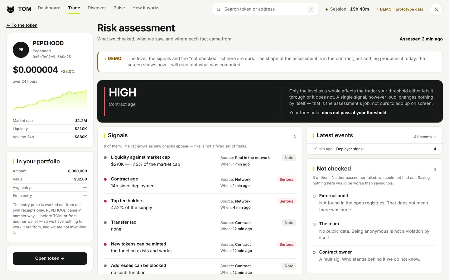 Risk assessment with signals, sources and observations in the TOM prototype